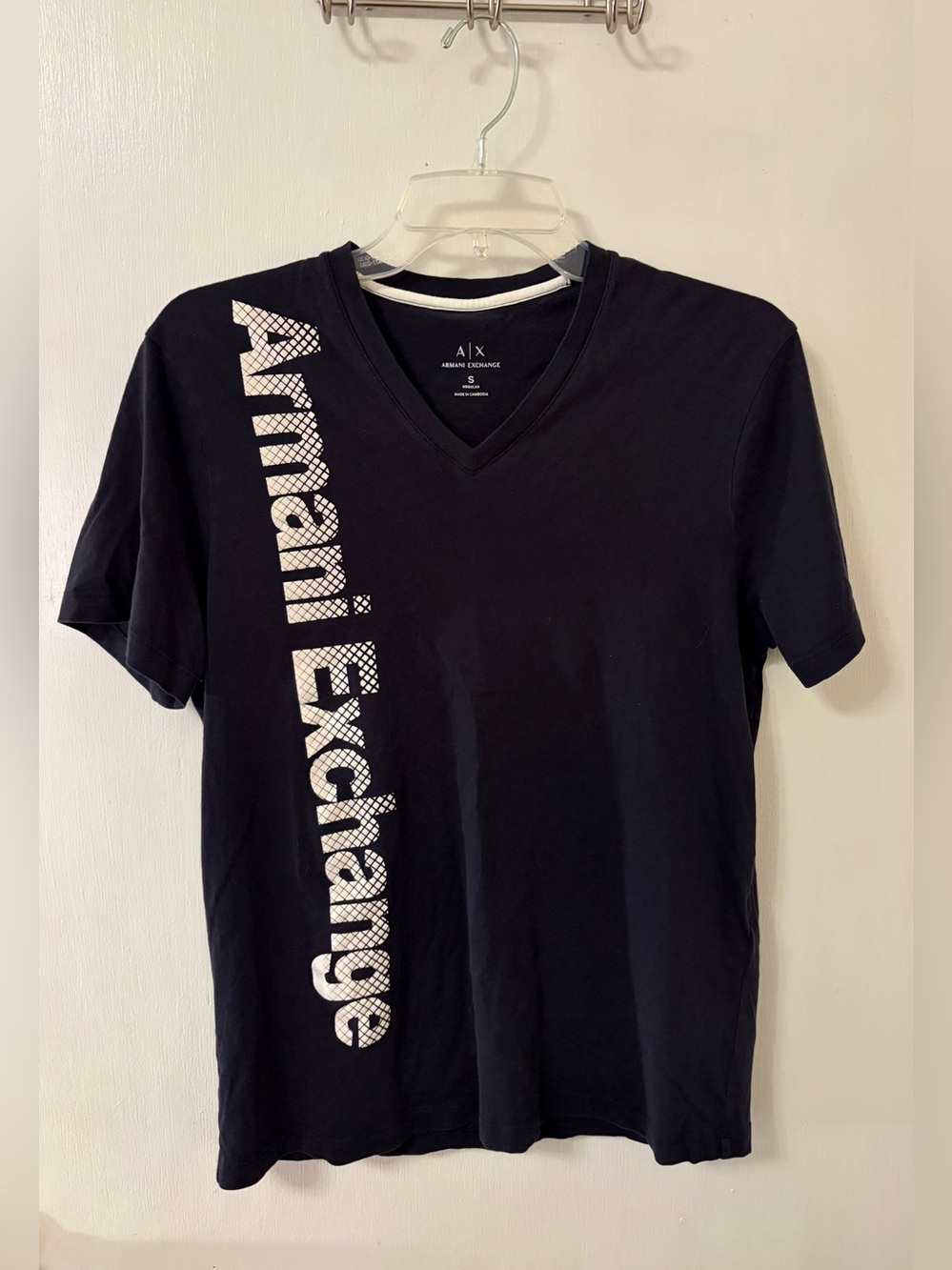 Armani Exchange Black V-Neck Tee with White Vertical Logo